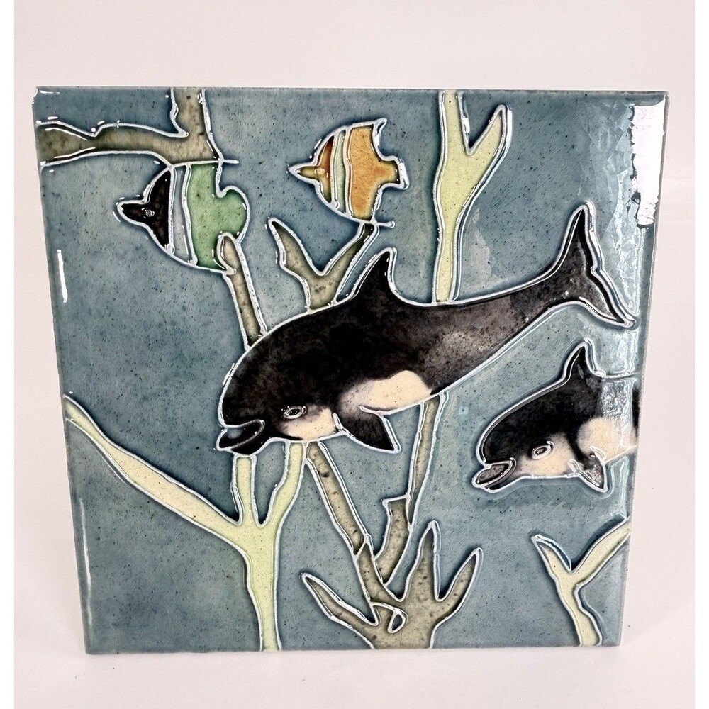 Vintage Cloisonné Dolphin Fish Art Tile Trivet Sea Life Back Stand Coastal